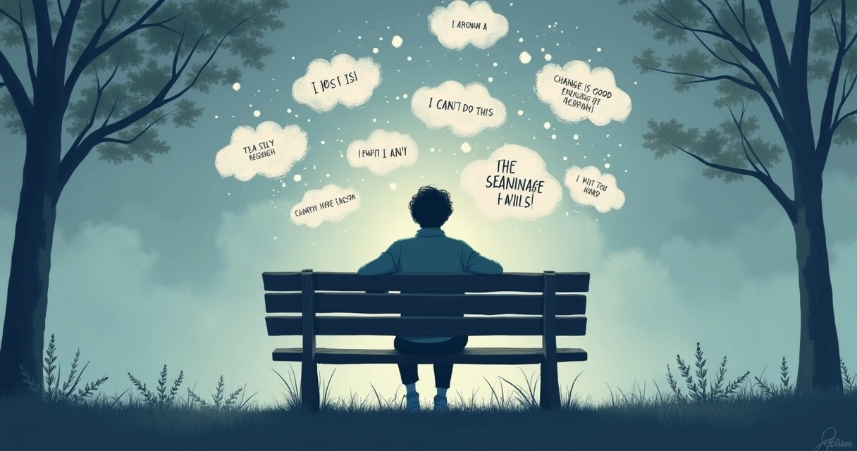 Drawing of a person sitting quietly with thought clouds filled with negative phrases