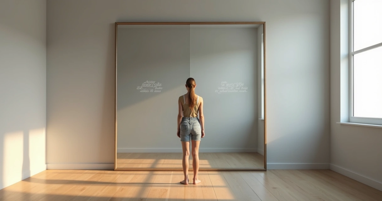 Person facing two mirror reflections with contrasting light and shadow 