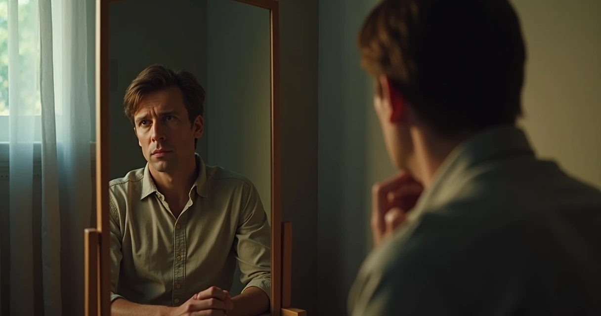 Person looking at their reflection in a quiet room with contrasting light and shadow