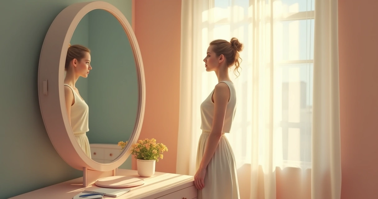 Person reflecting in a mirror in a quiet room