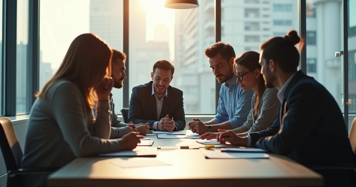 Business team around a table with one person split by light and shadow between them 