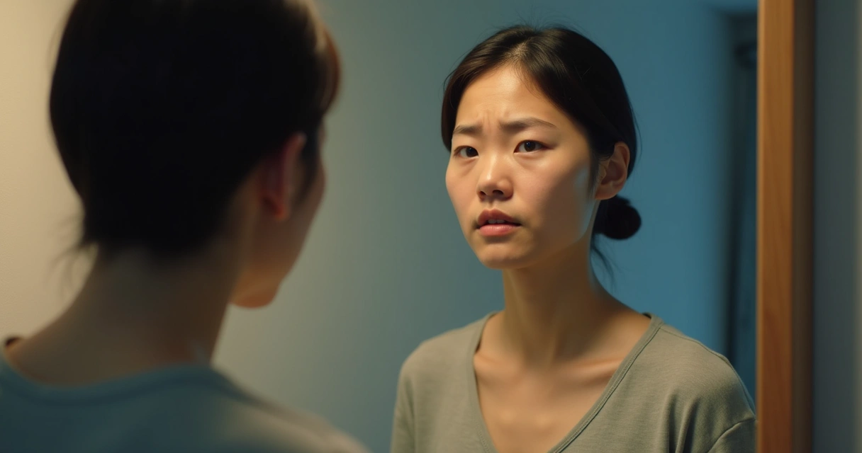 Person looking at reflection in mirror, two faces showing different emotions 