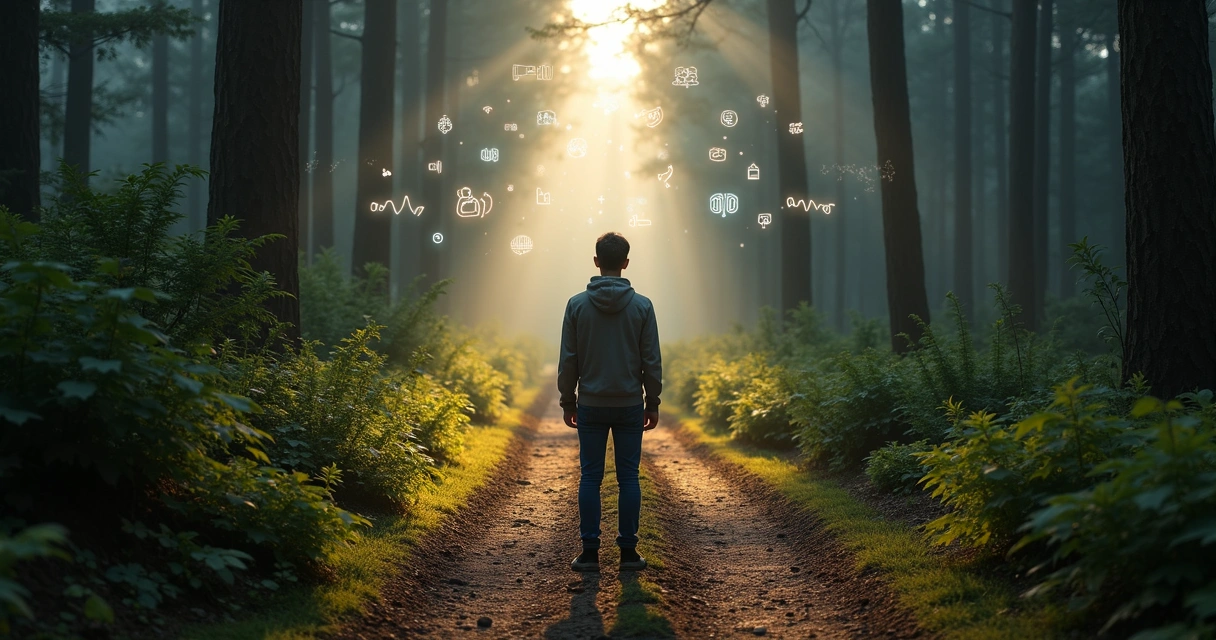Person standing on a forest path with glowing inner symbols floating around their head 