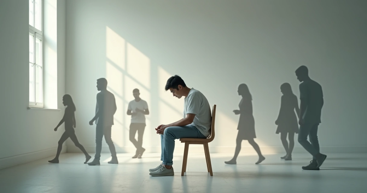 Person in a chair surrounded by transparent duplicates fading into the background 