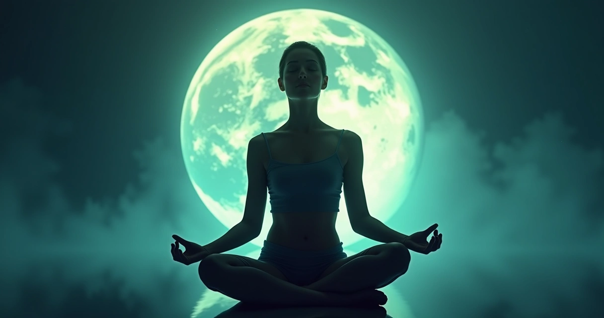 Person meditating with globe lightly glowing in background 