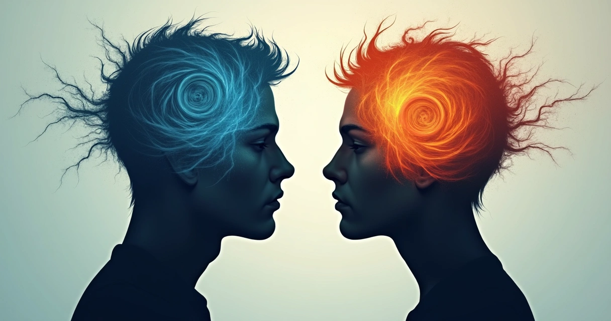 Stylized human silhouette facing mirrored self with swirling lines in the mind area 