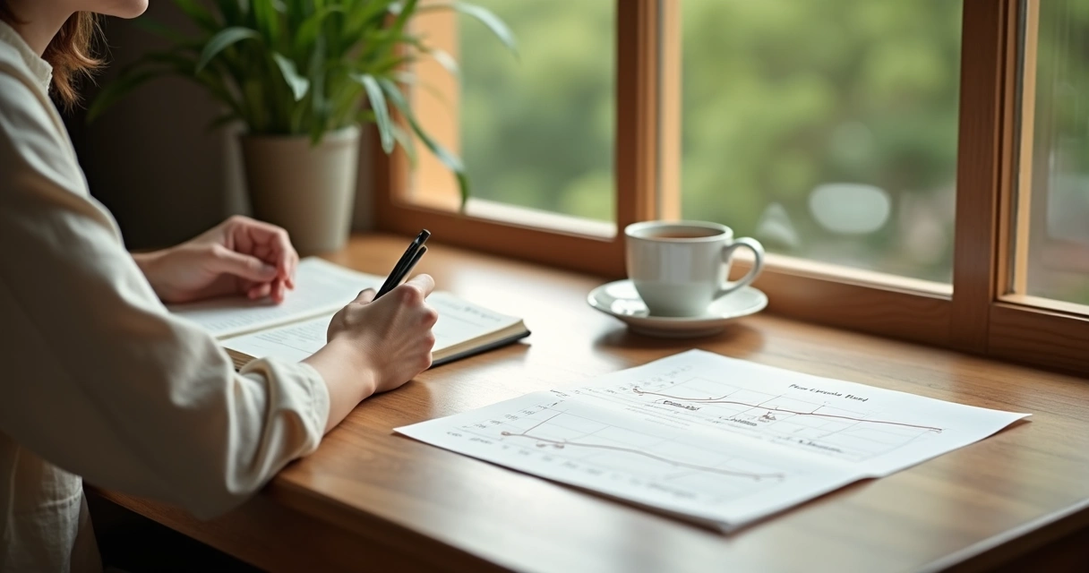 Person journaling progress with inner growth chart on desk 