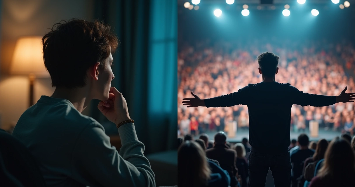 Silhouettes, one looking internal and one facing an audience 