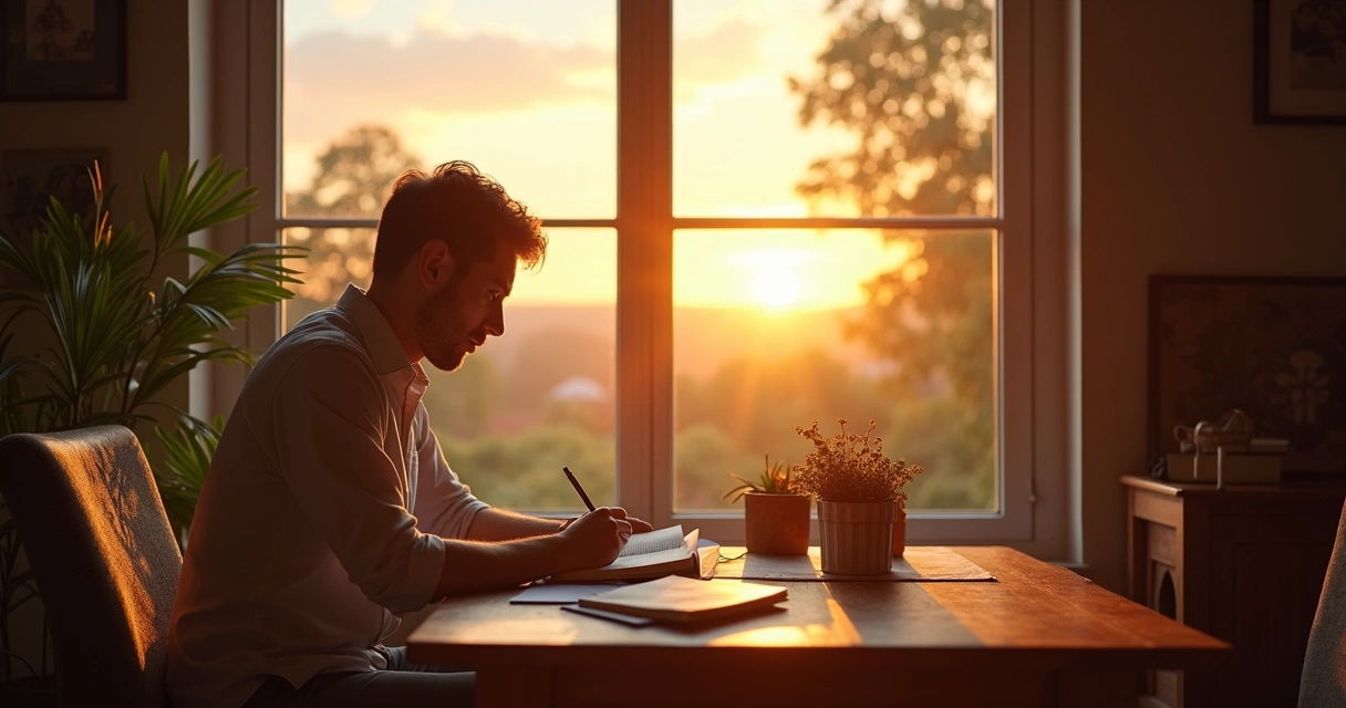Person journaling at sunrise near window 
