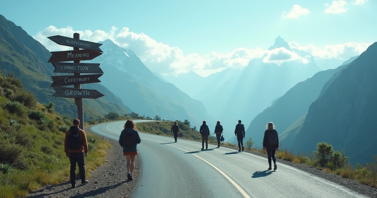 Road leading towards mountains, with people walking and looking at signposts 