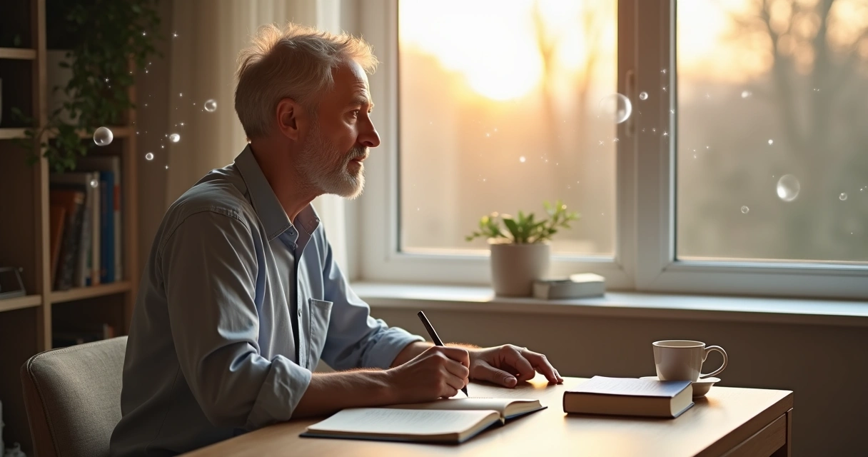 Person journaling in a calm room with abstract mind reflections around them 