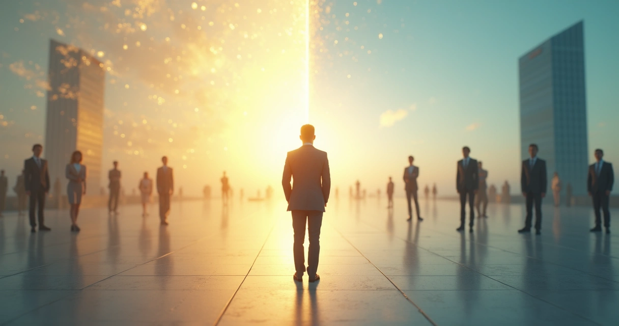 Person divided between inner light and towering external figures 