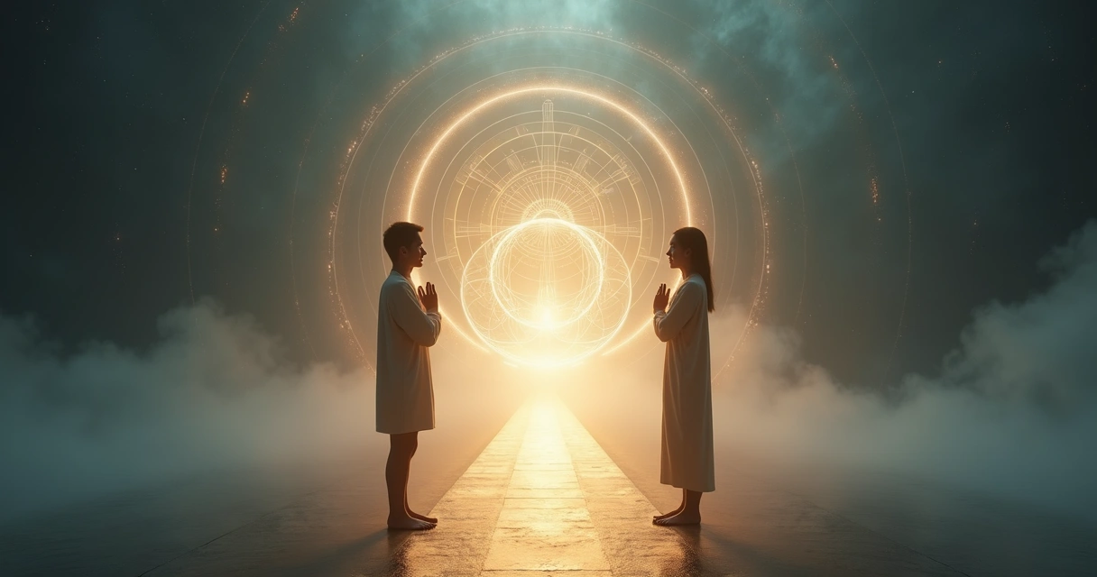Two people facing each other on a bridge made of light over abstract fractal shapes 