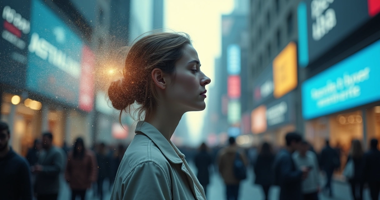 Woman split between inner thoughts and collective crowd narrative 