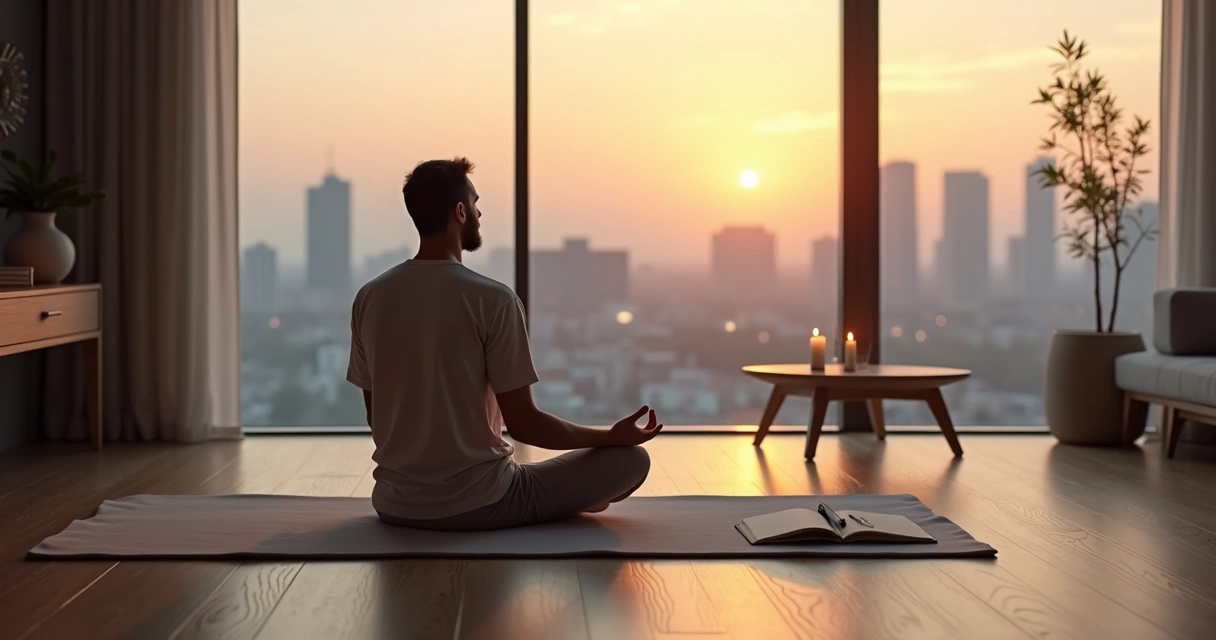 Person meditating at sunrise with city skyline in the background 