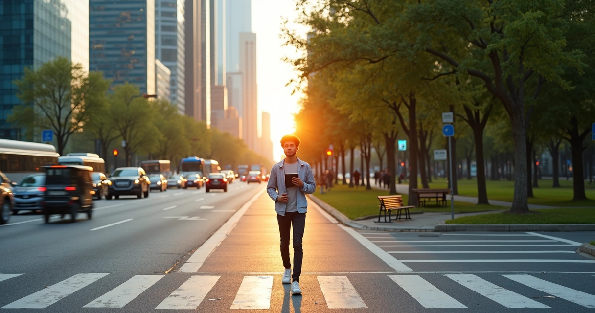 Person pausing mid-crosswalk between busy street and sunlit park 