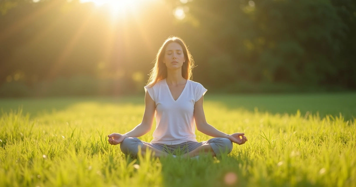 Serene person meditating among light-filled nature symbolizing inner peace 
