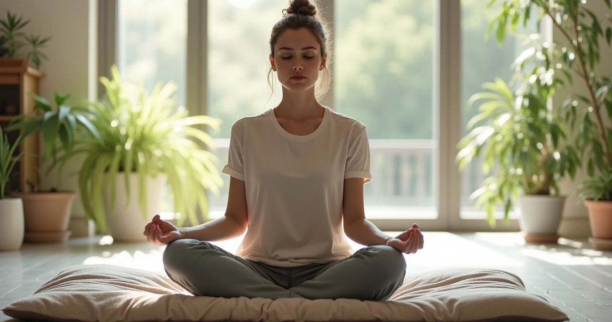 Person sitting cross-legged in a modern, peaceful meditation room with soft natural light streaming in through large windows, green plants in the background, and gentle, focused facial expression.
