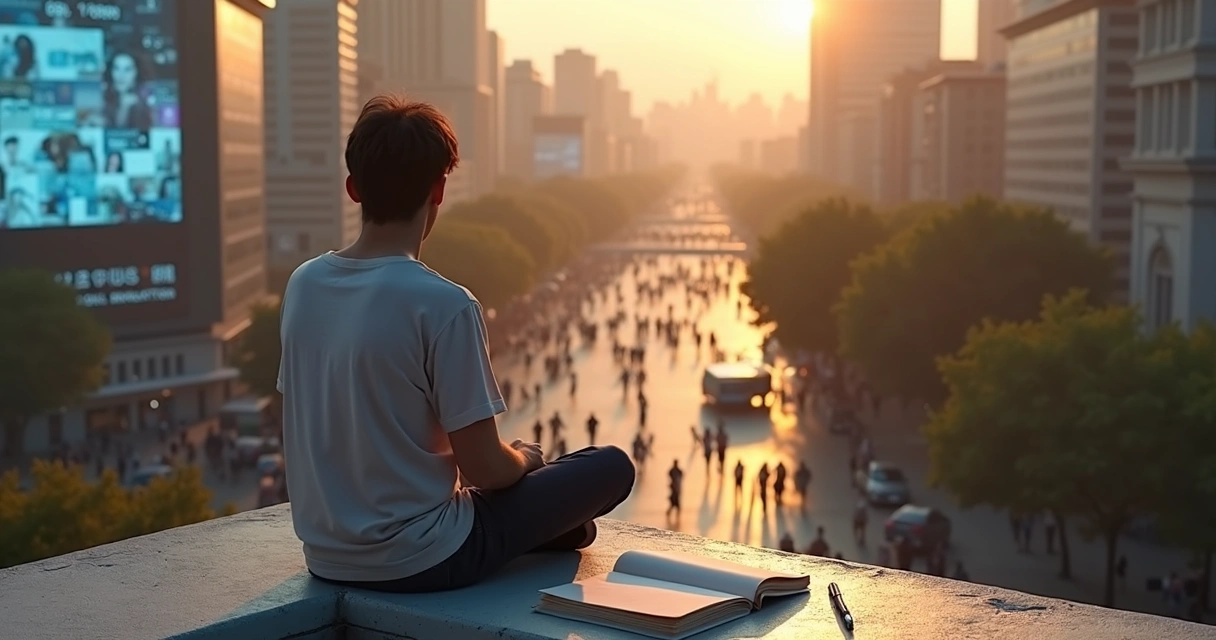 Person on rooftop looking at crowd below and quiet notebook beside them 