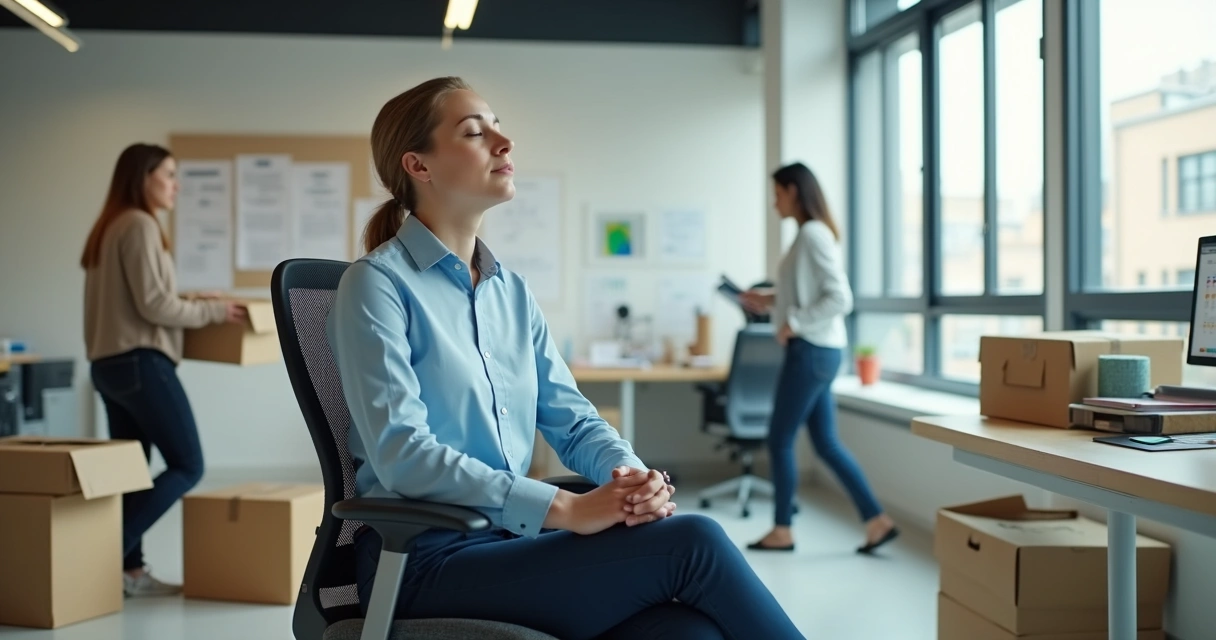 Professional sitting calmly in a modern office surrounded by subtle signs of change 