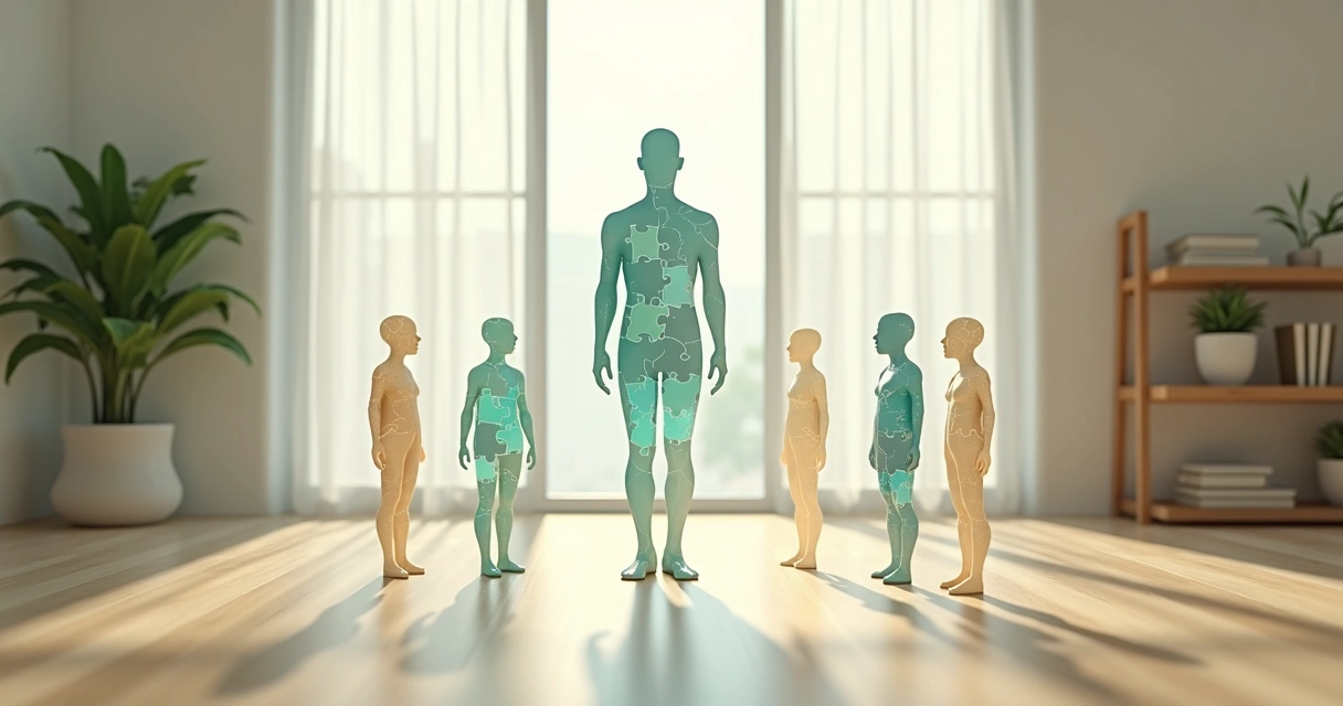 Sunlit room where translucent human silhouettes made of puzzle pieces gently overlap and align 