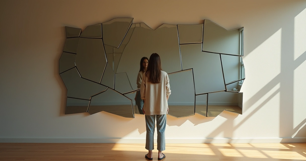 Person facing fragmented mirror with one clear reflection among distorted ones 
