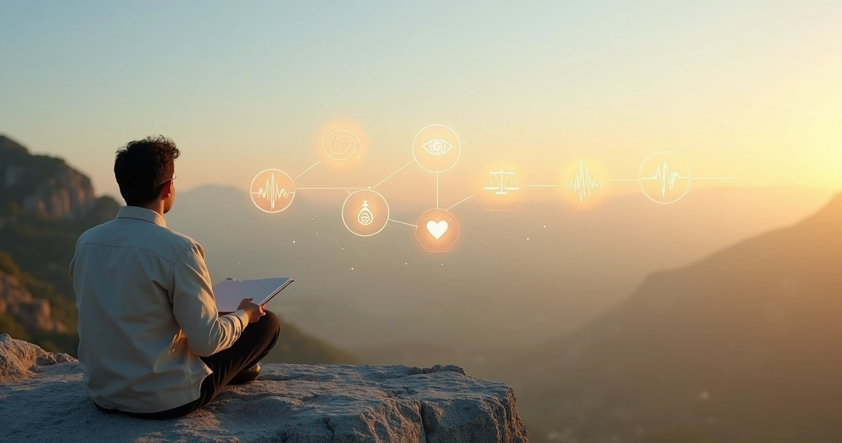 Person on mountain ledge examining glowing inner grid of questions in the sky 