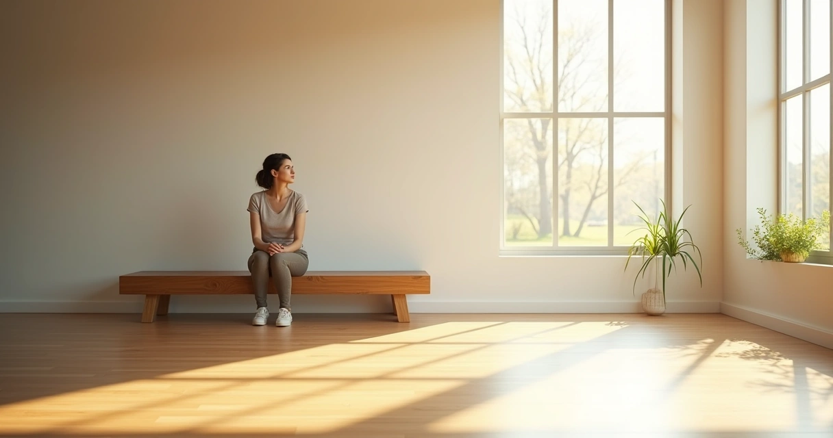 Person pausing in a bright room, lost in thought with sunlight casting long shadows