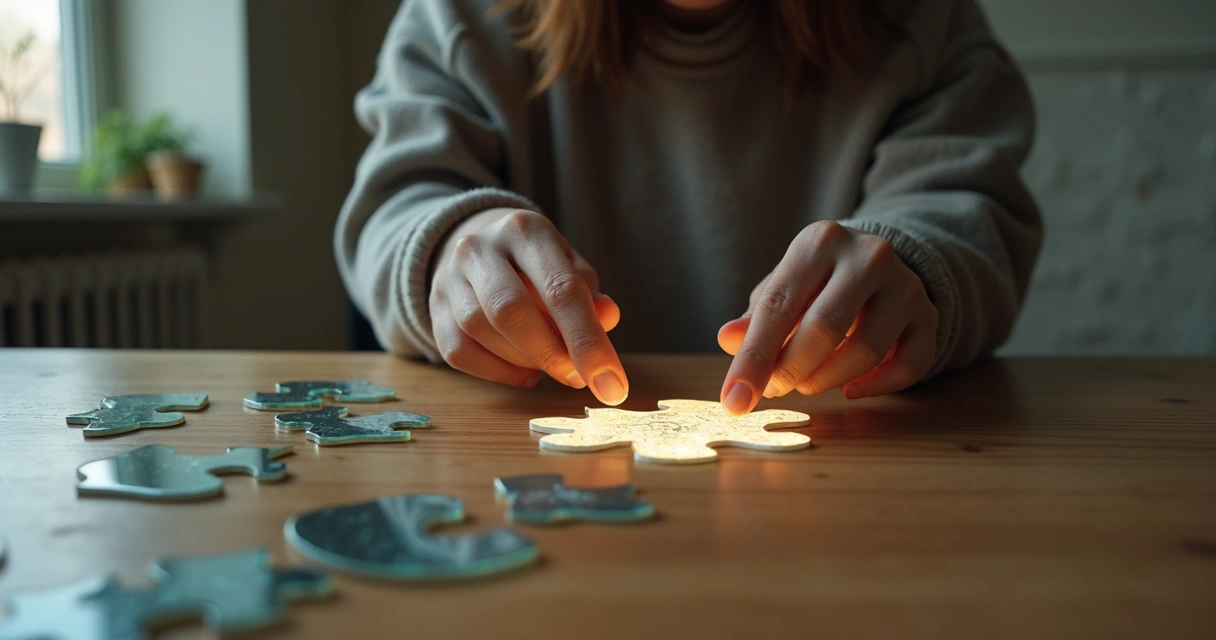 Person assembling a glowing inner puzzle on a table 