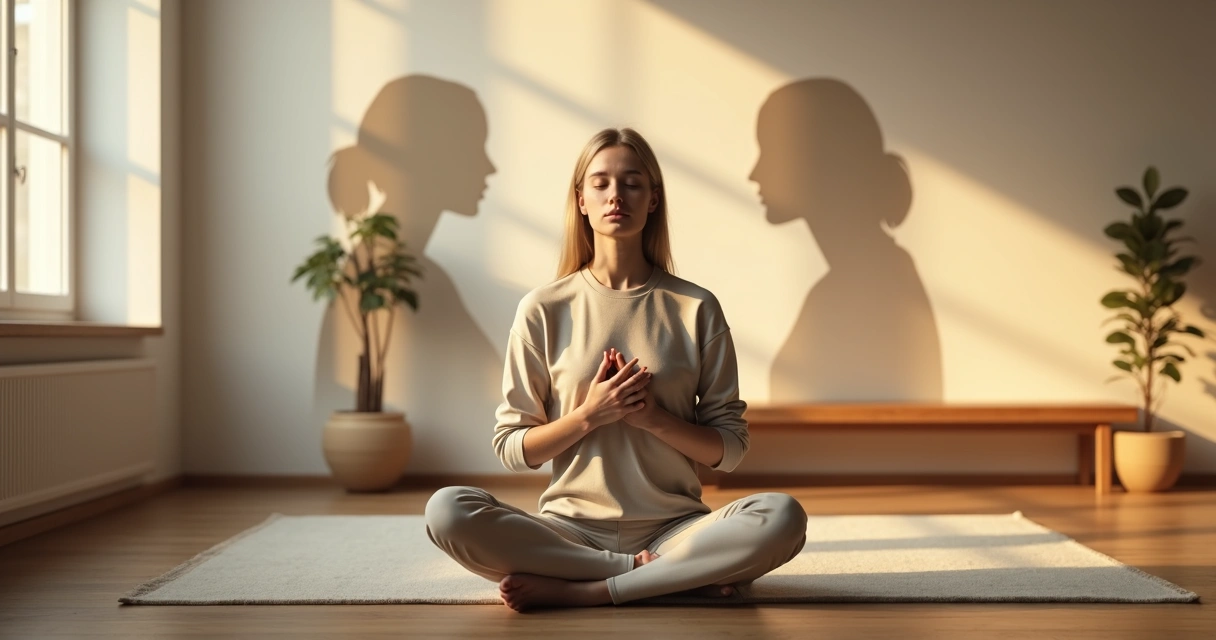 Person sitting in peaceful room with two shadow selves gently merging 