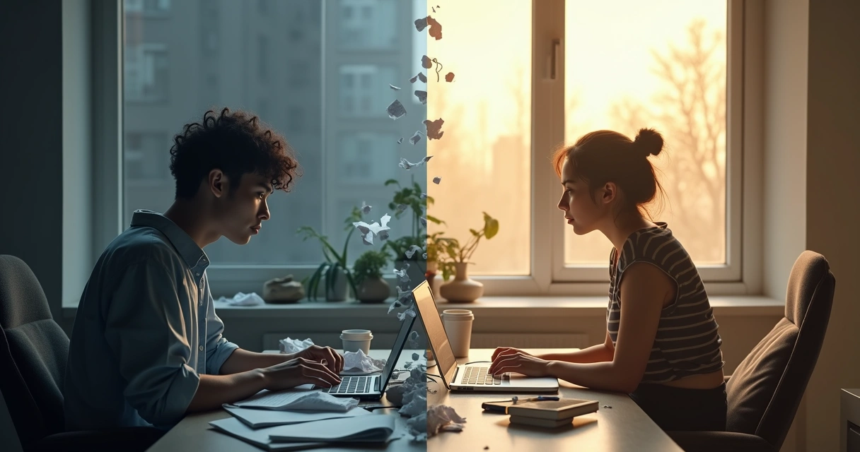 Person split between inner chaos and calm practicing self-reflection 