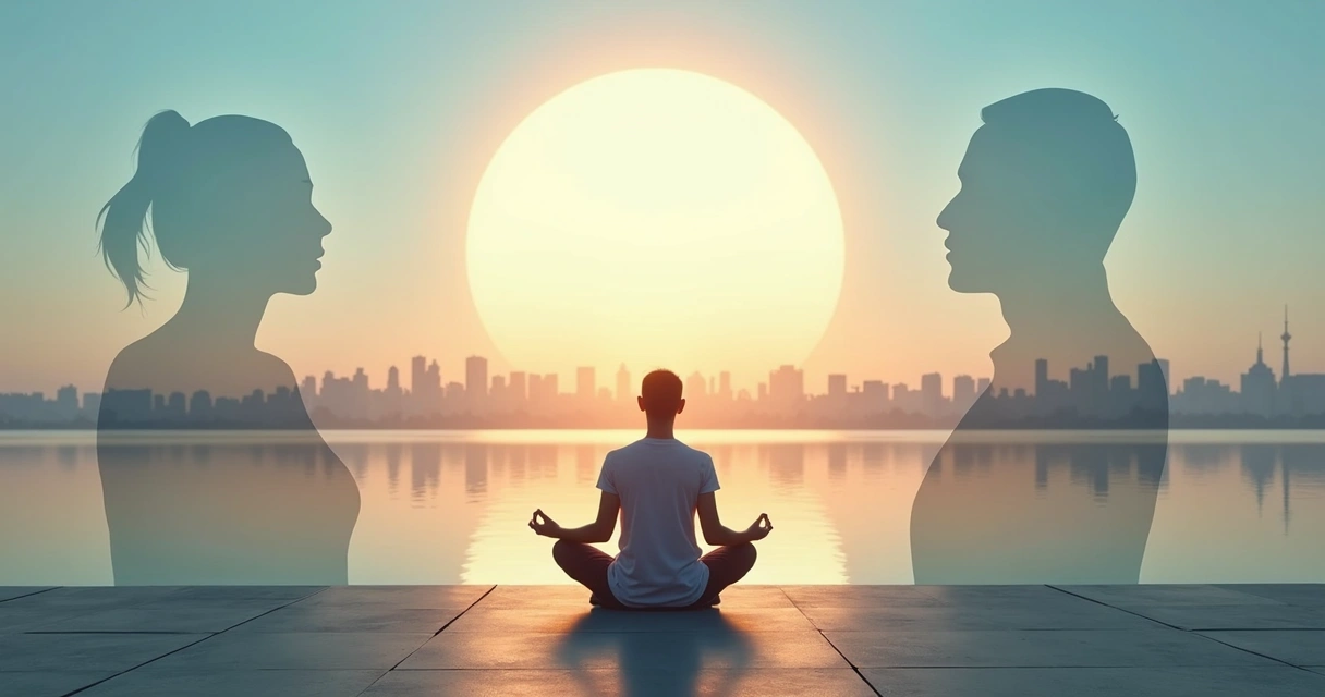 Person sitting between two mirrored silhouettes with a city skyline in balance behind 