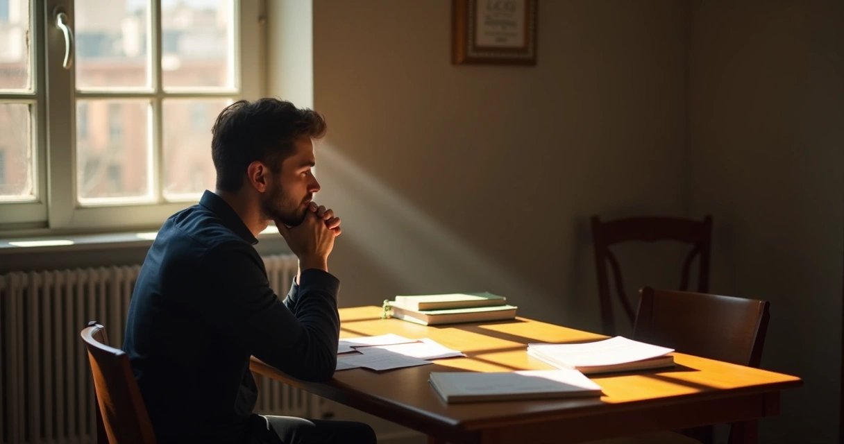 Person seated alone at a table reflecting after conflict, sunlight streaming in. 