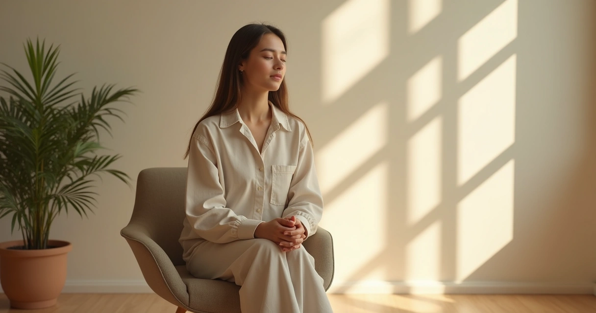 Person reflecting quietly in a calm, sunlit space 