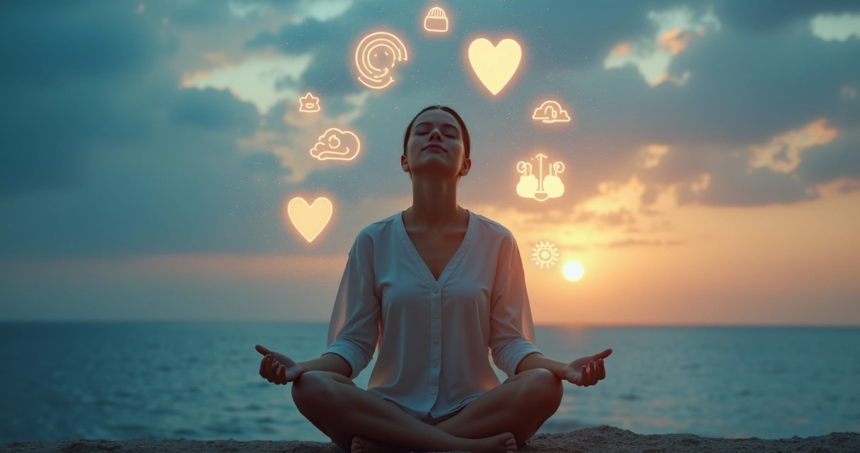 Person meditating with balanced emotions represented as floating symbols 