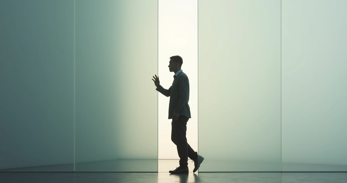 Person standing in front of a translucent wall, beginning to step through it