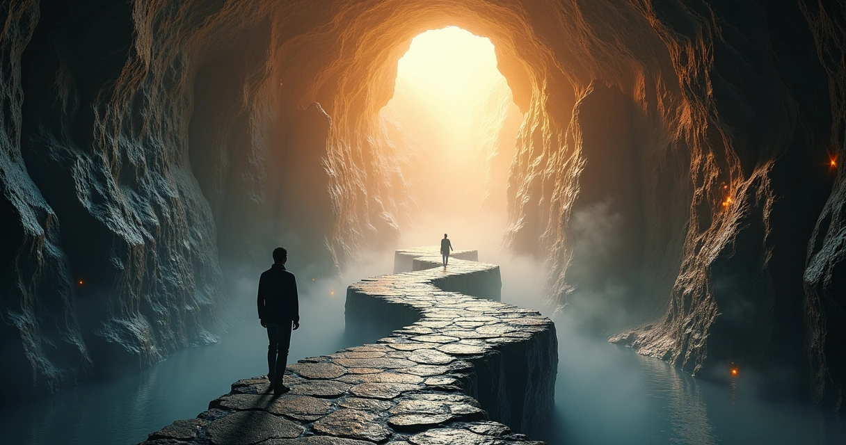 Person crossing a bridge inside a glowing labyrinth-shaped cave 