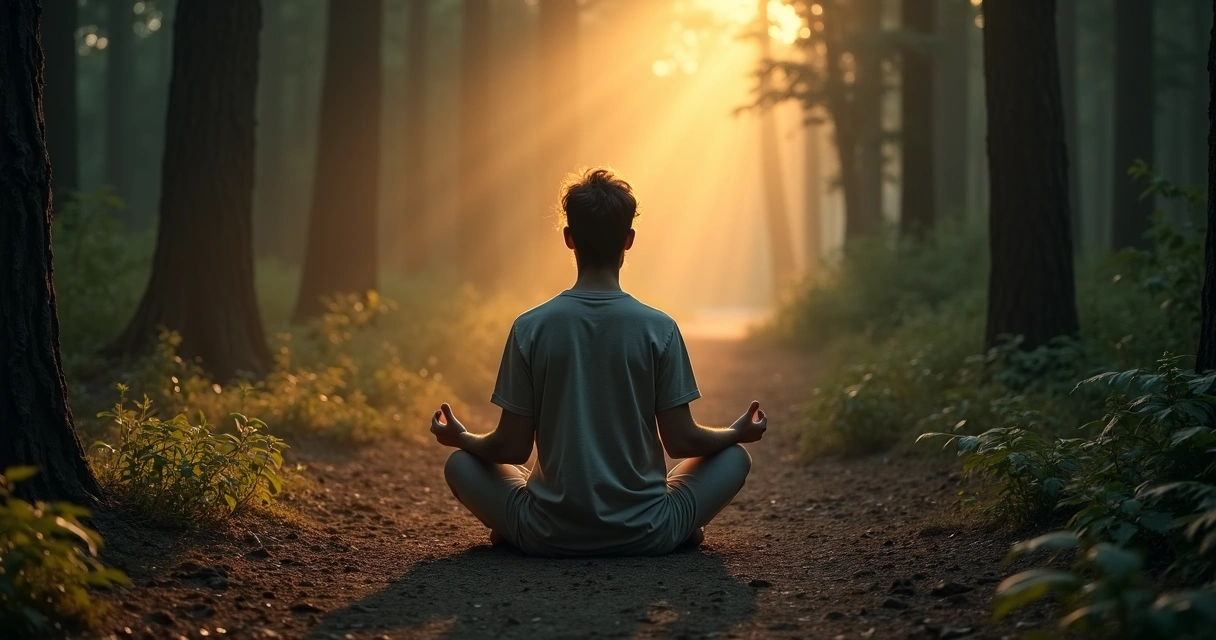 Person sitting in meditation facing a bright path through a dark forest 