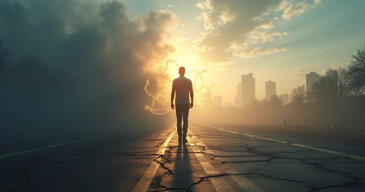 Person standing at a crossroads between inner resistance and systemic connections 