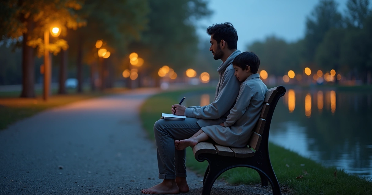 Adult sitting with inner child on a park bench at twilight 