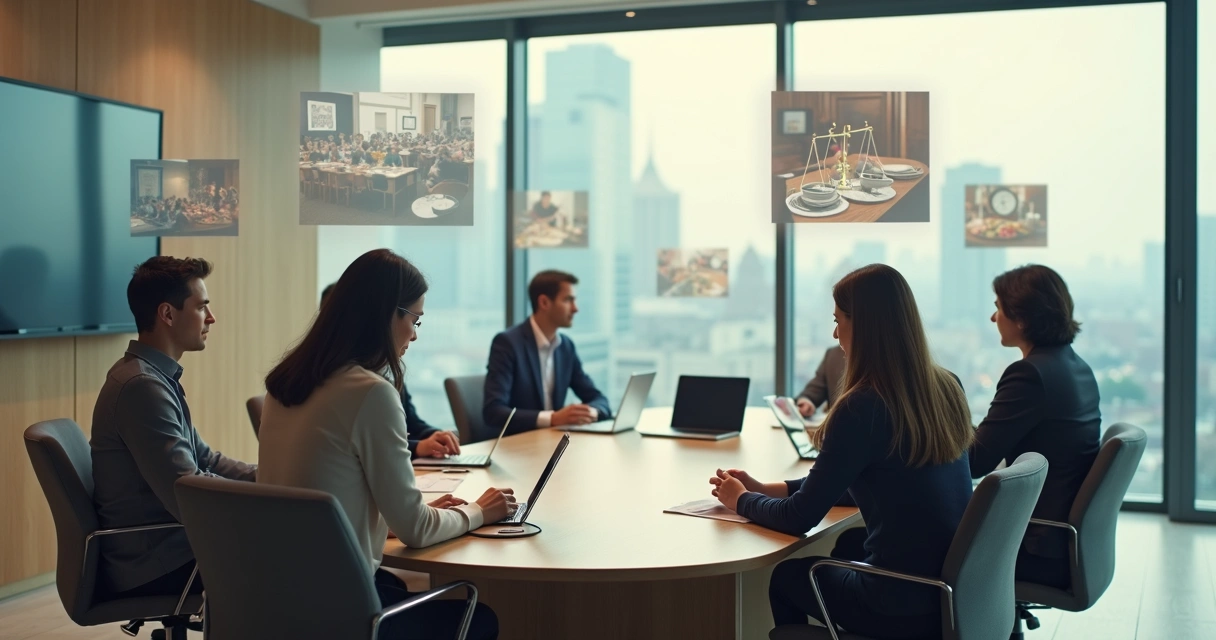 Group around meeting table with translucent narrative scenes above them 