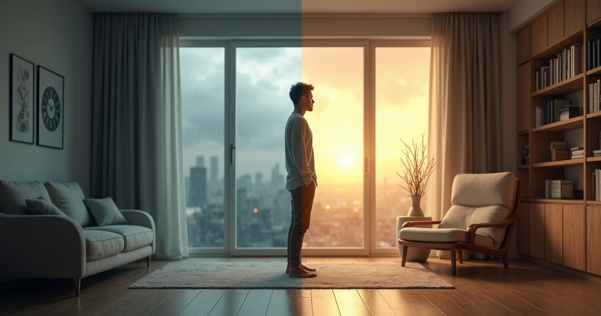 Person standing in a room where half is stormy chaos and half is calm light 