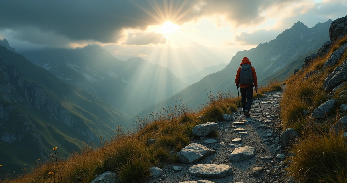 Person walking a narrow mountain path, sun breaking through clouds 