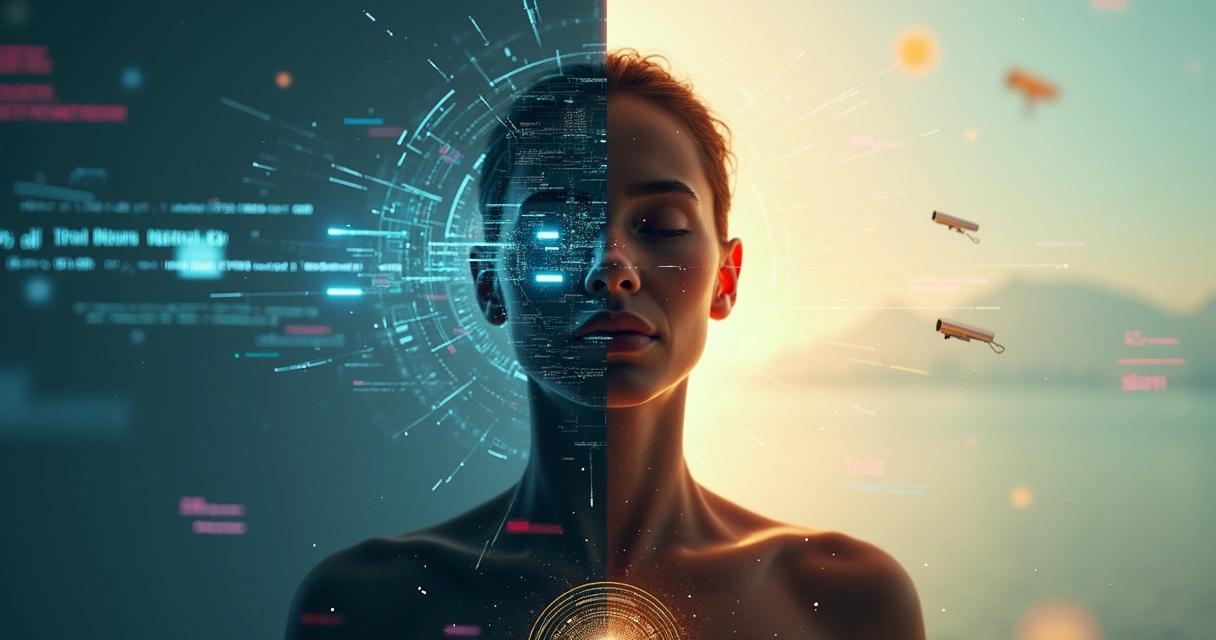 Human silhouette split between surveillance cameras and calm inner light 