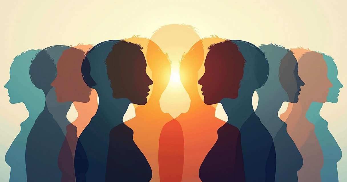 Illustration of multiple human silhouettes overlapping to represent different parts of the mind 