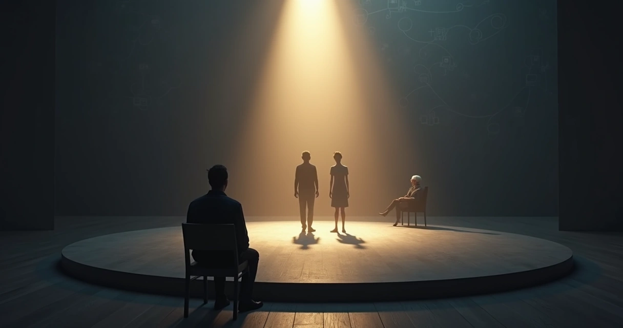 Person observing two blurred figures on a stage shaped like the human mind 