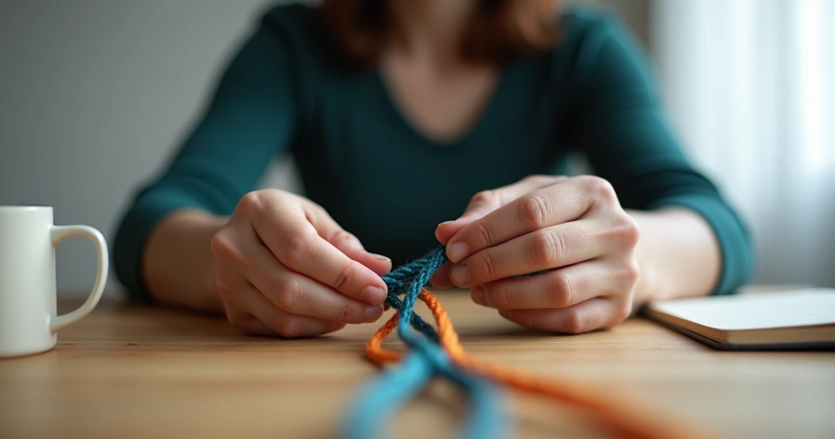 Person gently untangling two colored threads against a calm background 