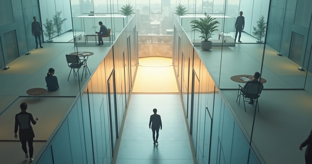 Person walking through connected glass rooms symbolizing inner barriers and self-trust 