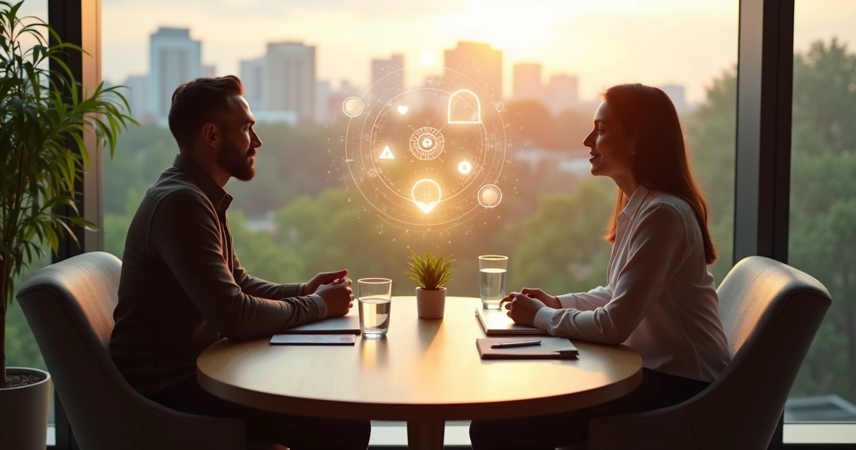 Business consultant and client sitting by window table with shared glowing values symbols between them 