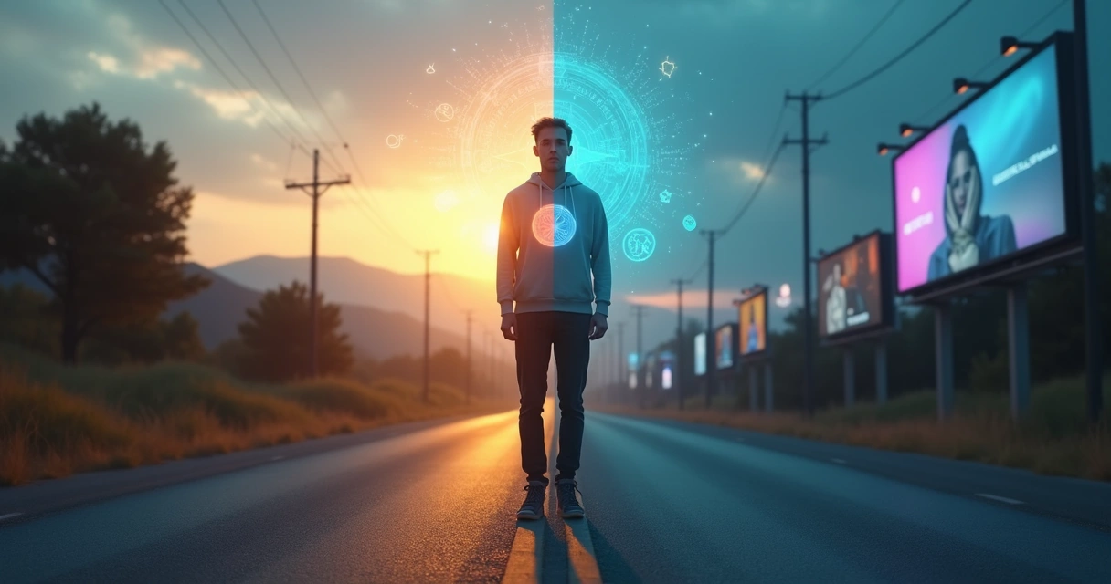 Person split between inner compass and social media icons while making a decision 